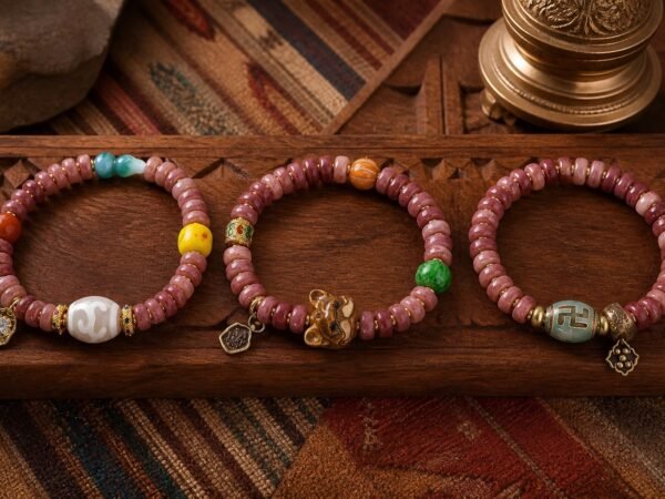 rose-tone-carved-accent-prayer-bracelet-main Rose Dawn Prayer Bracelet with rose-toned camel-bone tablet beads and carved accents