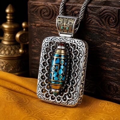 Rotating Dzi Bead Necklace with patterned Dzi pendant