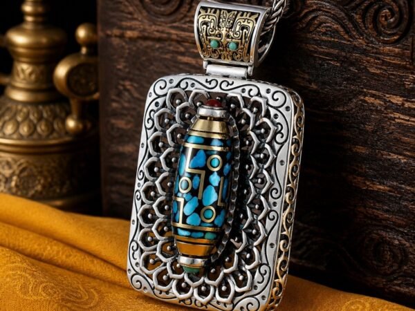 Rotating Dzi Bead Necklace with patterned Dzi pendant