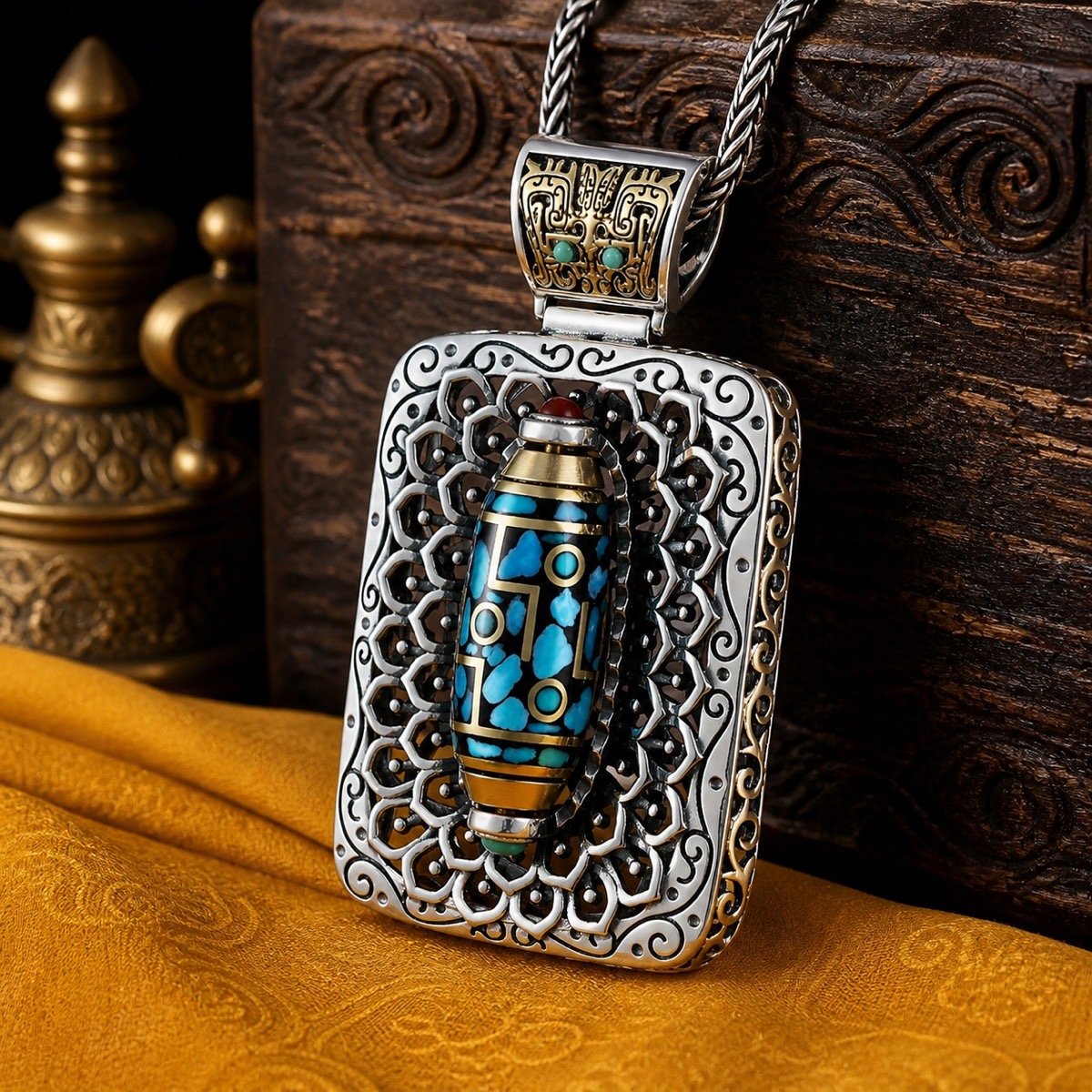 Rotating Dzi Bead Necklace with patterned Dzi pendant