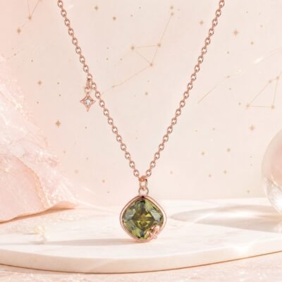Sagittarius rose gold crystal zodiac necklace with olive-gold crystal and Sagittarius glyph