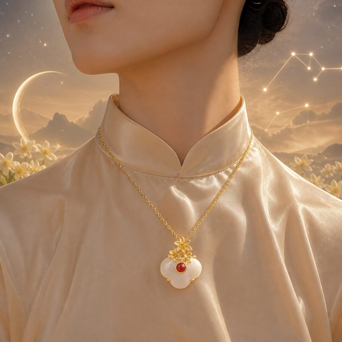 sagittarius-eastern-guardian-flower-necklace-02-worn-light Sagittarius Eastern Zodiac Guardian Flower Goddess Necklace – Narcissus