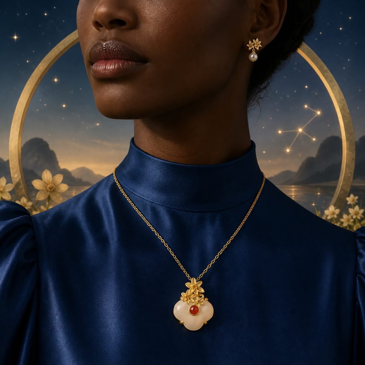 sagittarius-eastern-guardian-flower-necklace-03-worn-deep Sagittarius Eastern Zodiac Guardian Flower Goddess Necklace – Narcissus