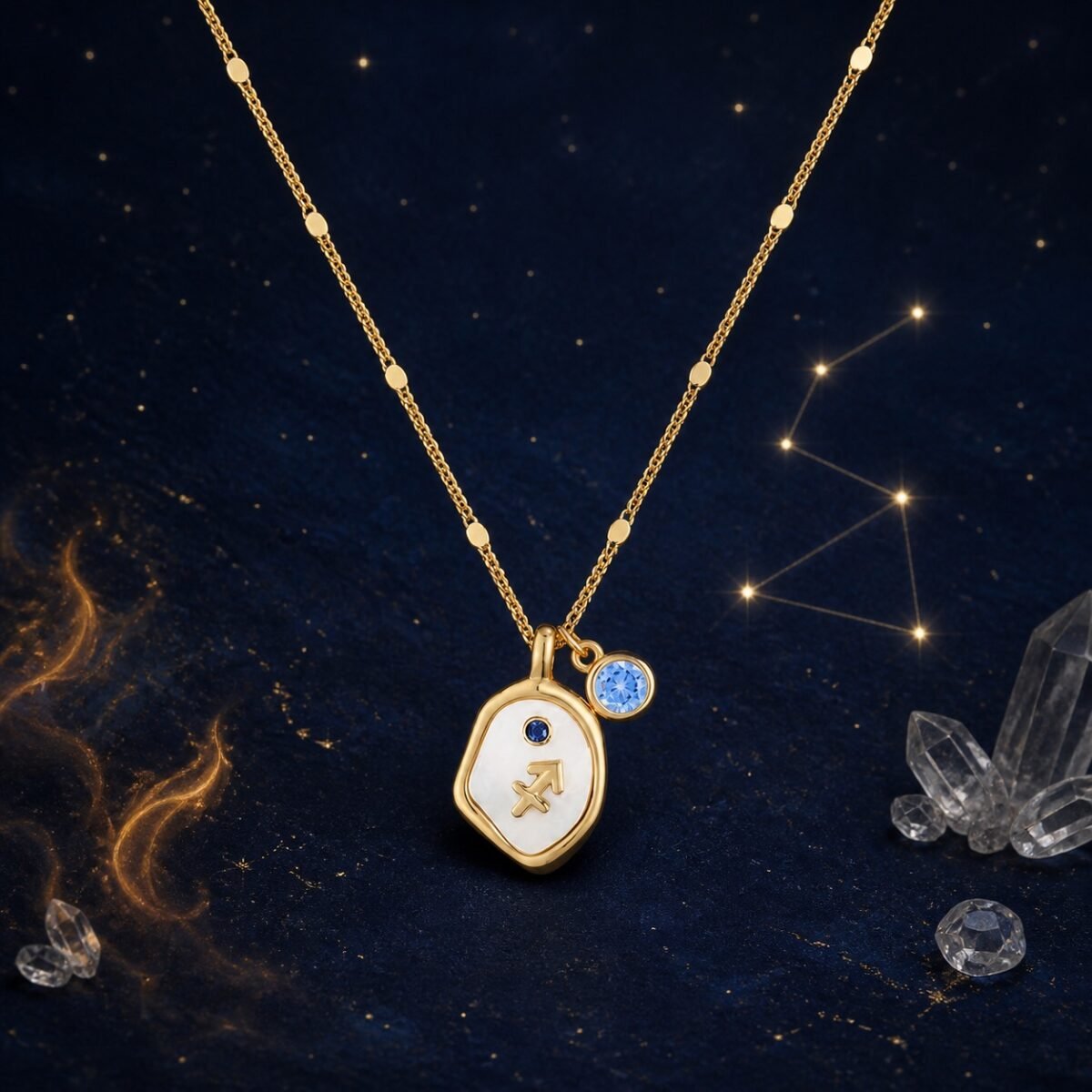 sagittarius-pearlescent-zodiac-birthstone-necklace-01-product Sagittarius Blue Topaz Necklace with pearlescent zodiac medallion, raised gold-tone Sagittarius glyph, and natural blue topaz charm.