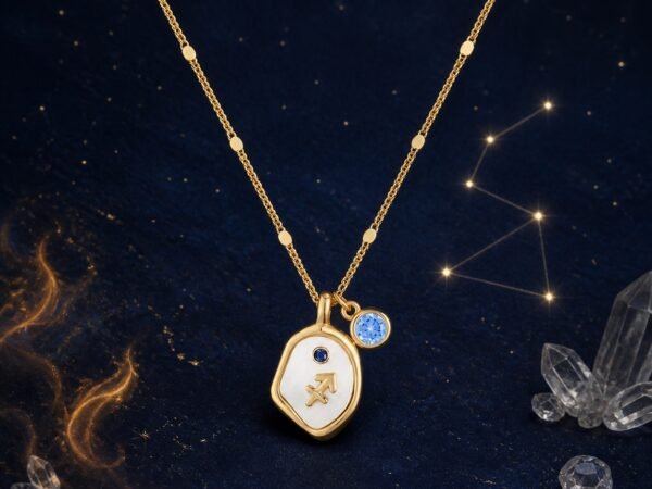 Sagittarius Blue Topaz Necklace with pearlescent zodiac medallion, raised gold-tone Sagittarius glyph, and natural blue topaz charm.