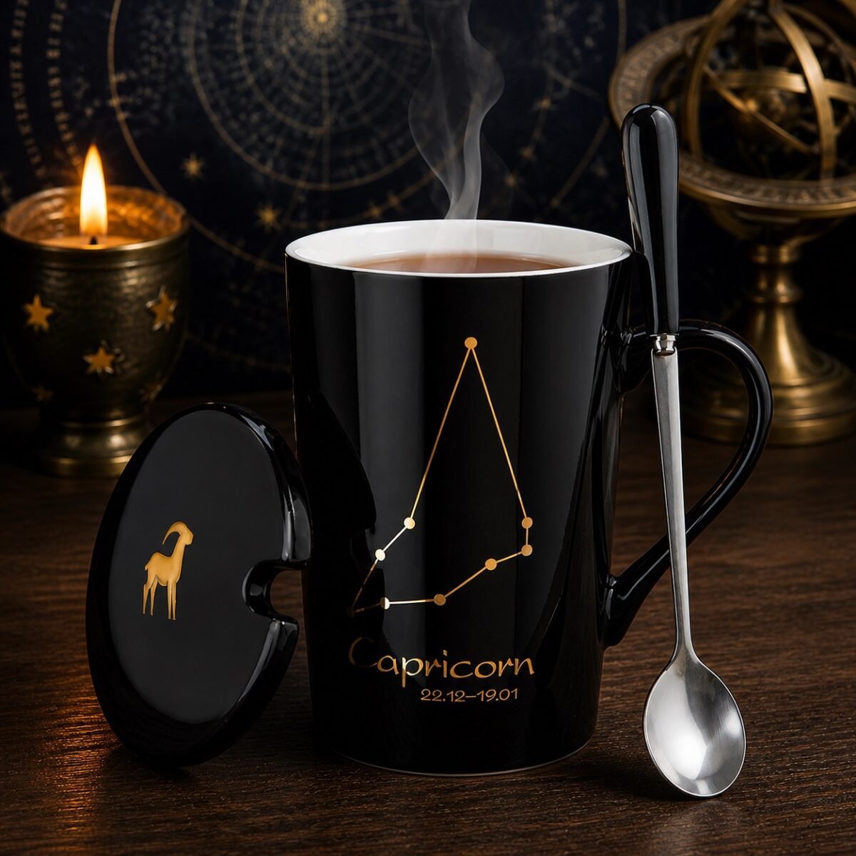 sagittarius-zodiac-constellation-ceramic-mug-set-01-black-white-pair Sagittarius Ceramic Mug Set with gold-fired constellation design, ceramic lid, and spoon