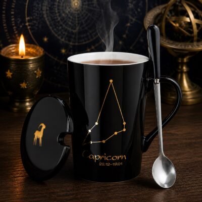 sagittarius-zodiac-constellation-ceramic-mug-set-01-black-white-pair Sagittarius Ceramic Mug Set with gold-fired constellation design, ceramic lid, and spoon