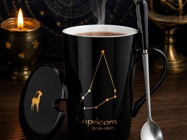 Sagittarius Ceramic Mug Set with gold-fired constellation design, ceramic lid, and spoon