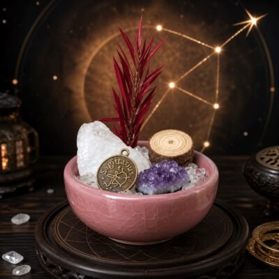 Sagittarius Crystal Micro-Landscape Desk Decor with clear quartz, amethyst, botanical accents, and zodiac medallion
