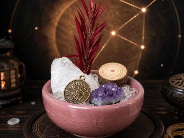 Sagittarius Crystal Micro-Landscape Desk Decor with clear quartz, amethyst, botanical accents, and zodiac medallion