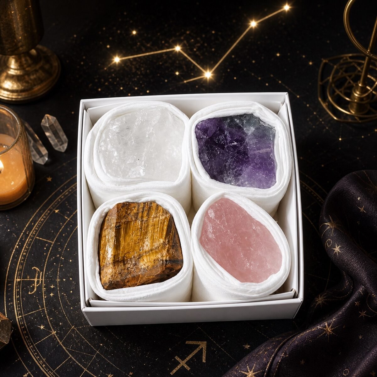 Sagittarius Four Raw Crystal Gift Set in a box with four natural raw stones