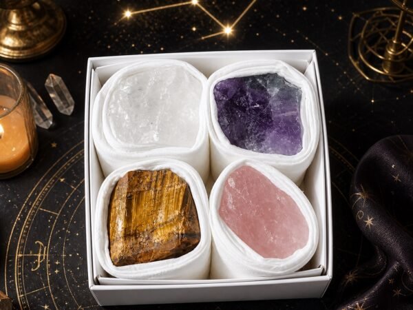 Sagittarius Four Raw Crystal Gift Set in a box with four natural raw stones