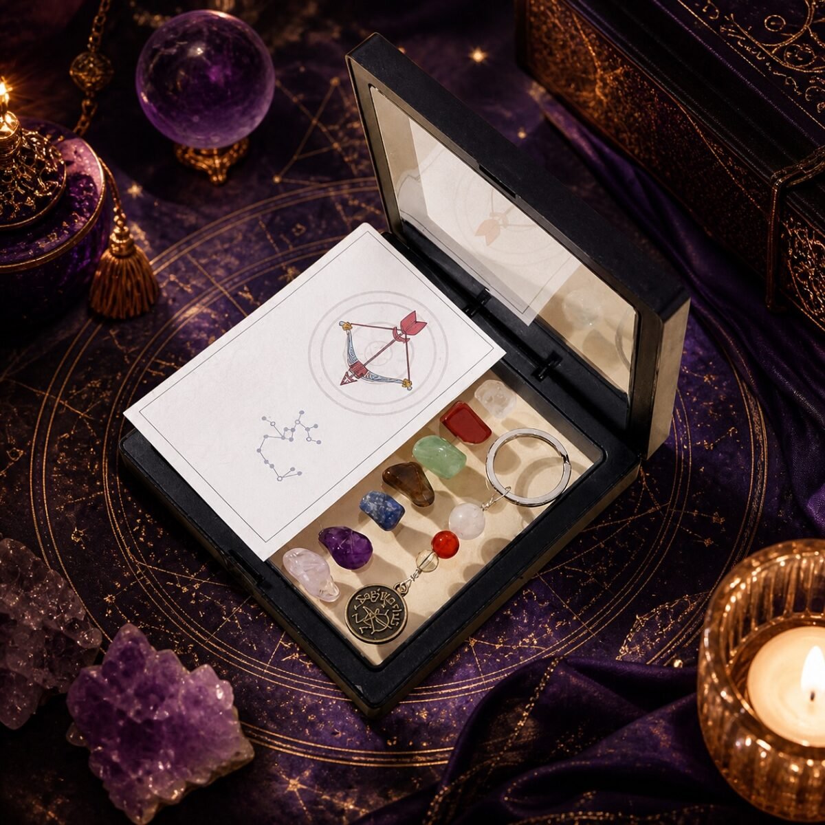 sagittarius-zodiac-seven-chakra-crystal-keychain-gift-set-01-box Sagittarius Seven Chakra Crystal Keychain with seven raw stones, three accent beads, and brass-tone medallion