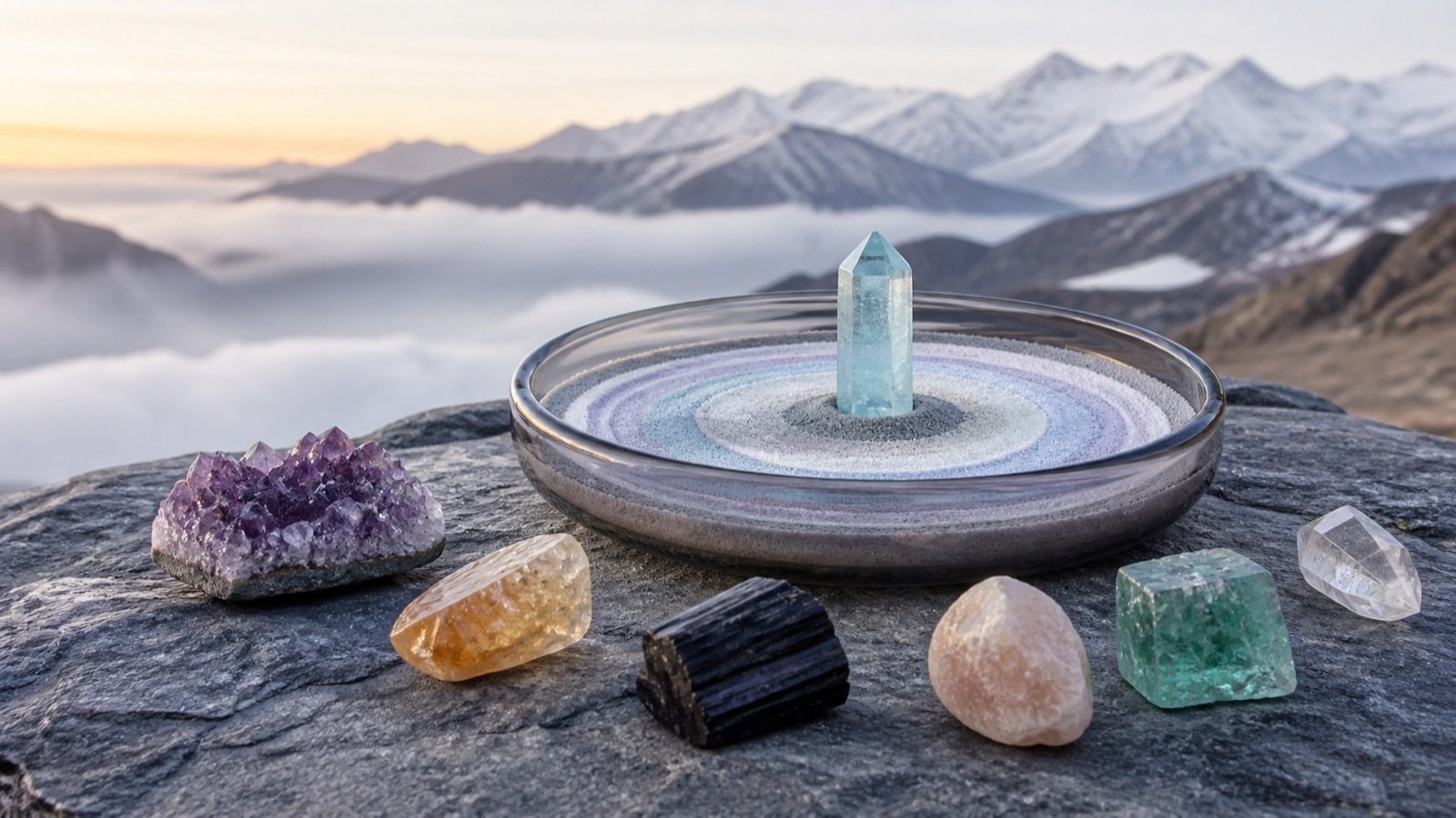 Sand ledger ritual: a crystal standing in layered mineral sand above a misty Himalayan valley