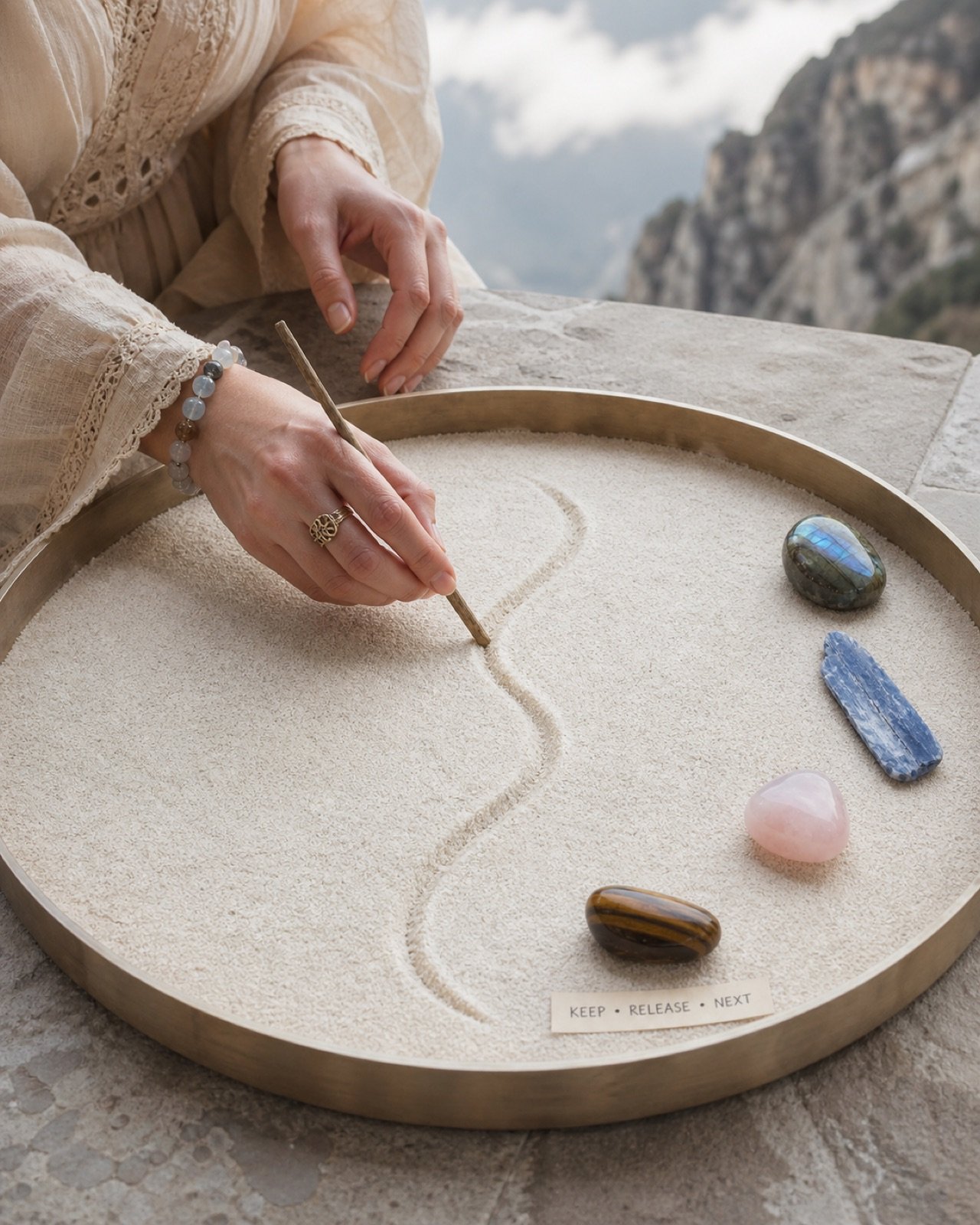 Sand ledger ritual: hands tracing a winding line through ivory sand beside polished stones