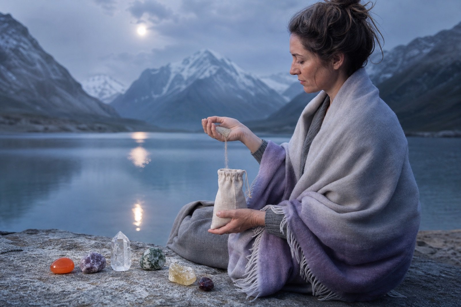 A woman returning ritual sand to a linen pouch beside a Himalayan lake