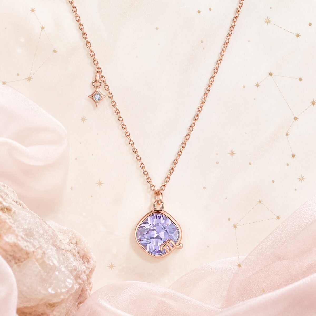 Scorpio rose gold crystal zodiac necklace with lavender crystal and Scorpio glyph