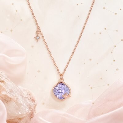 Scorpio rose gold crystal zodiac necklace with lavender crystal and Scorpio glyph