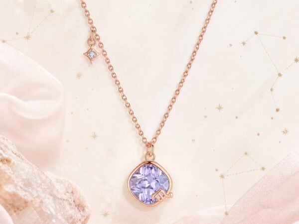 Scorpio rose gold crystal zodiac necklace with lavender crystal and Scorpio glyph