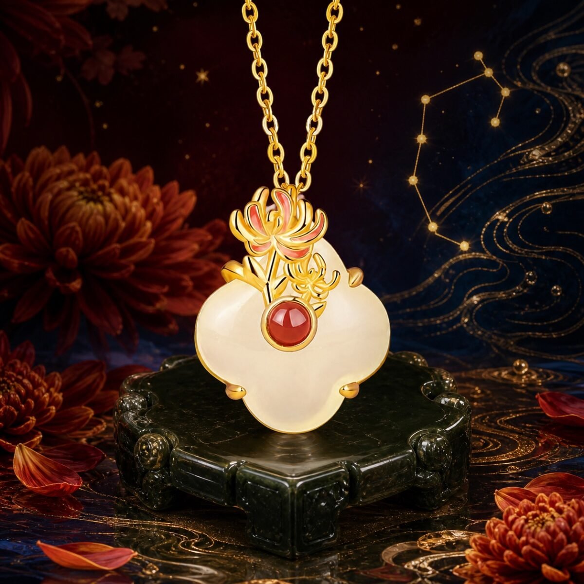 Scorpio Chrysanthemum Necklace with white chalcedony, red agate, and enamel