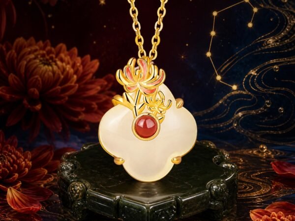 Scorpio Chrysanthemum Necklace with white chalcedony, red agate, and enamel