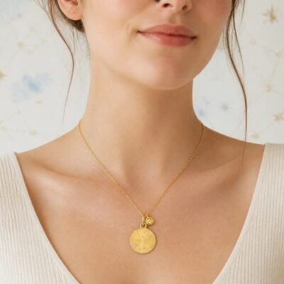 scorpio-gold-zodiac-medallion-necklace-02-worn-light Scorpio Gold Constellation Medallion Necklace