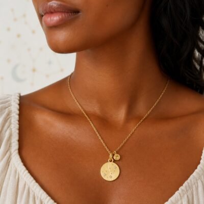 scorpio-gold-zodiac-medallion-necklace-03-worn-deep Scorpio Gold Constellation Medallion Necklace