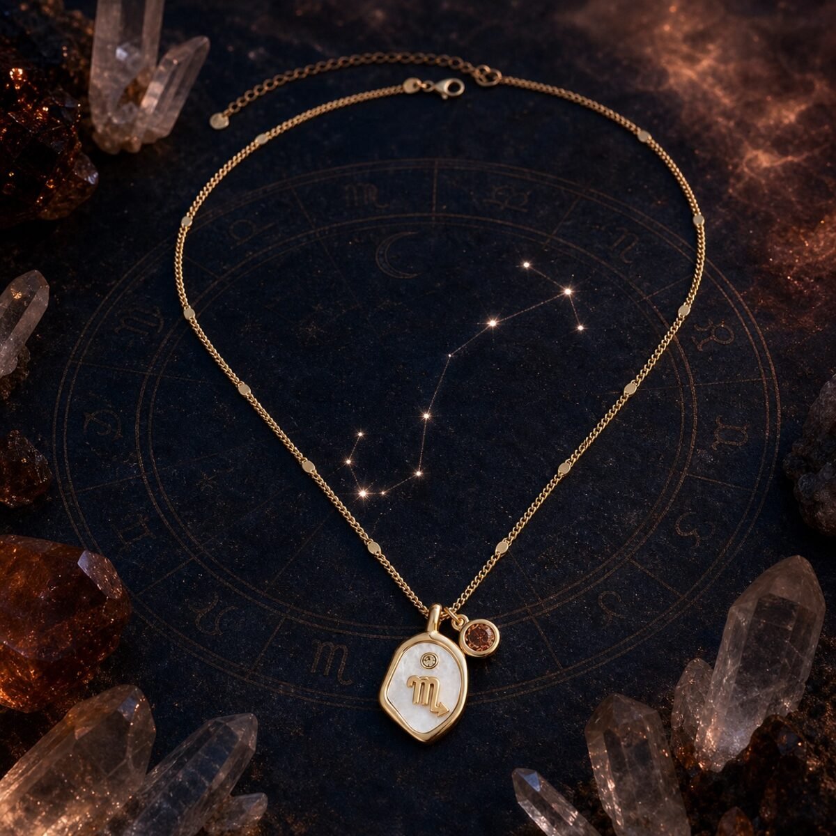scorpio-pearlescent-zodiac-birthstone-necklace-01-product Scorpio Topaz Necklace with pearlescent zodiac medallion, raised gold-tone Scorpio glyph, and natural golden topaz charm on chain.