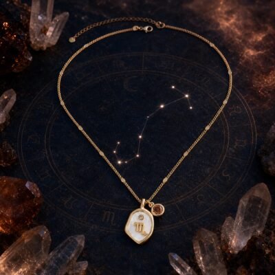 scorpio-pearlescent-zodiac-birthstone-necklace-01-product Scorpio Topaz Necklace with pearlescent zodiac medallion, raised gold-tone Scorpio glyph, and natural golden topaz charm on chain.