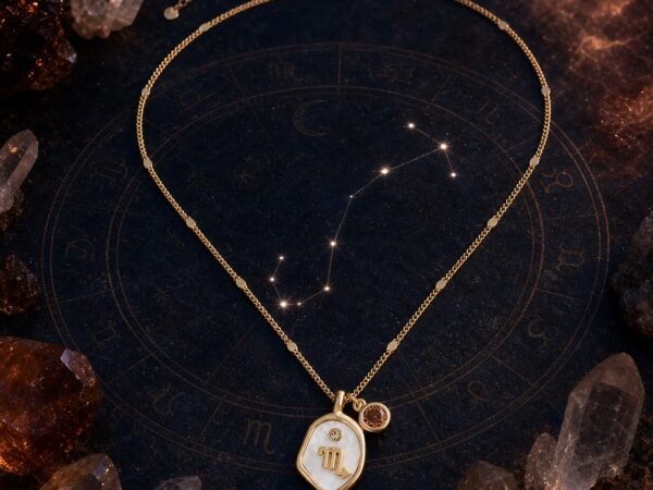 Scorpio Topaz Necklace with pearlescent zodiac medallion, raised gold-tone Scorpio glyph, and natural golden topaz charm on chain.