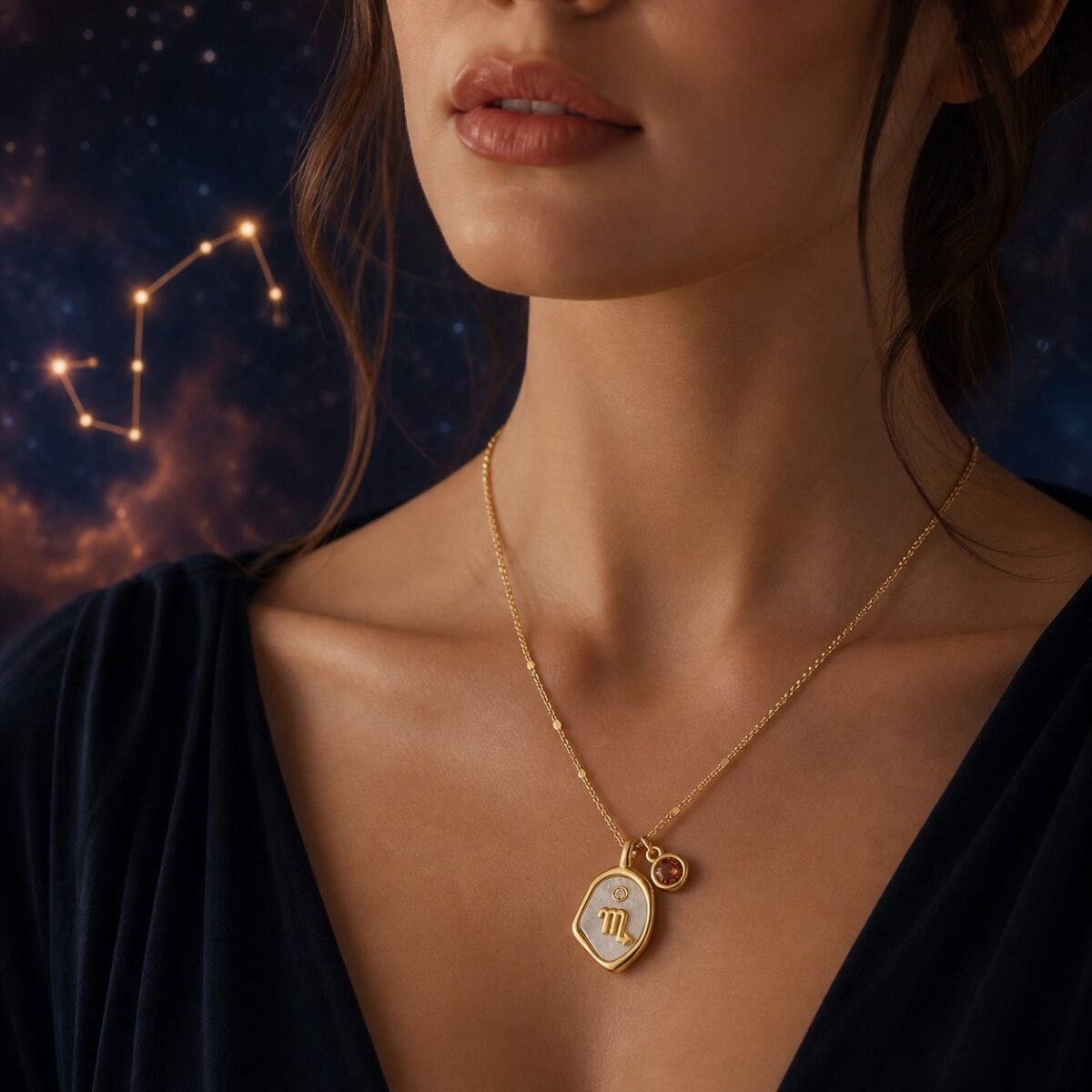 scorpio-pearlescent-zodiac-birthstone-necklace-02-worn-light Scorpio Pearlescent Zodiac Birthstone Necklace