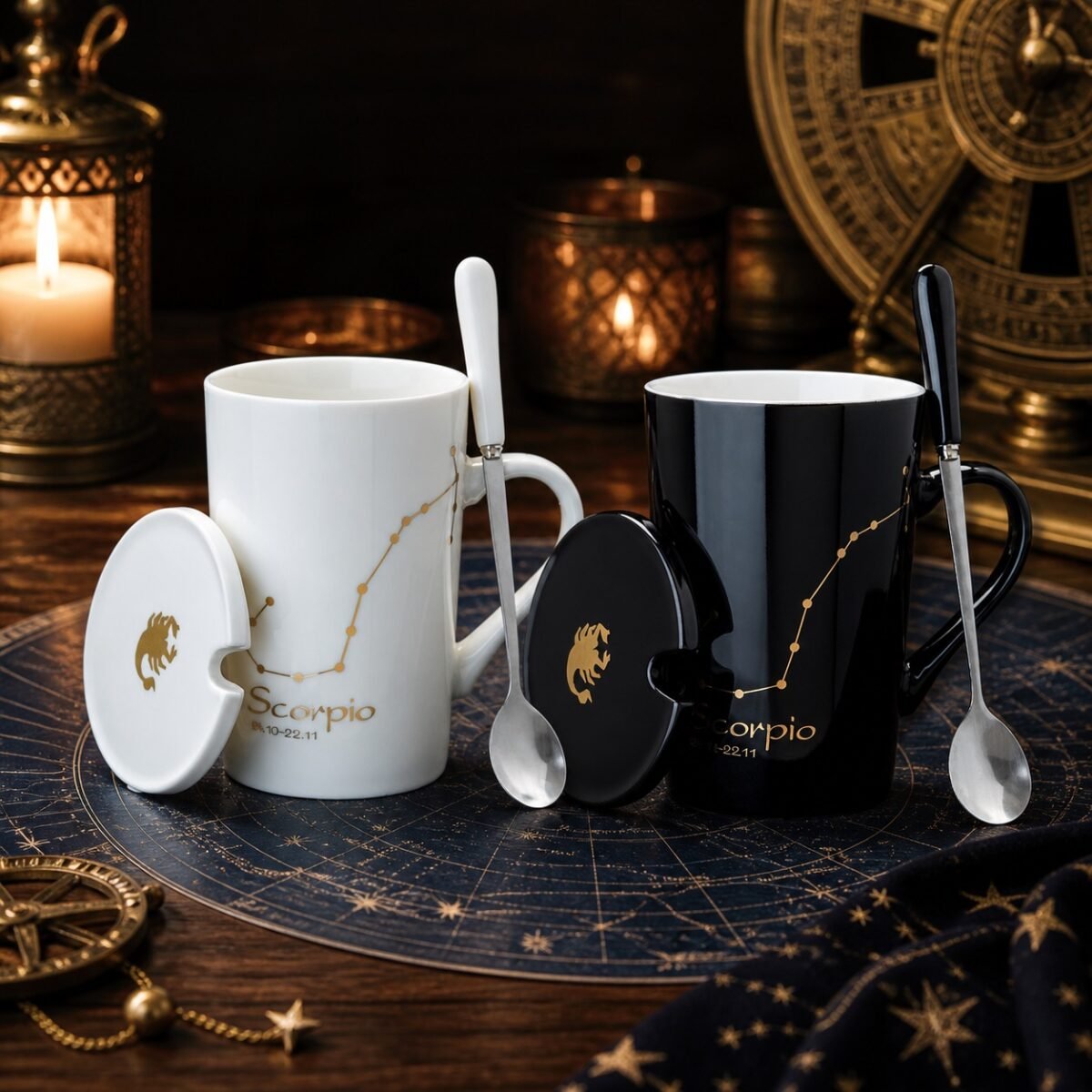 Scorpio Ceramic Mug Set with gold-fired constellation design, ceramic lid, and spoon