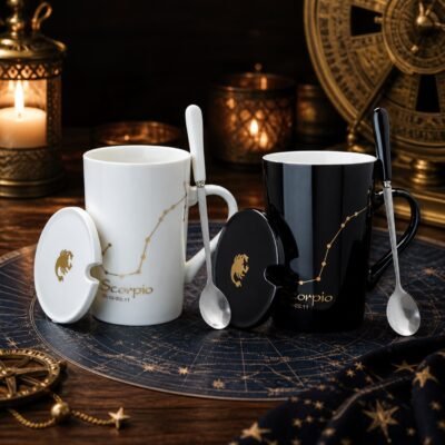 Scorpio Ceramic Mug Set with gold-fired constellation design, ceramic lid, and spoon