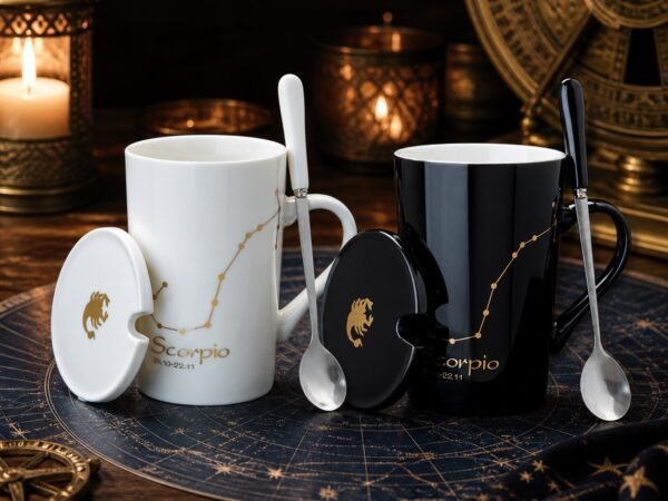 Scorpio Ceramic Mug Set with gold-fired constellation design, ceramic lid, and spoon