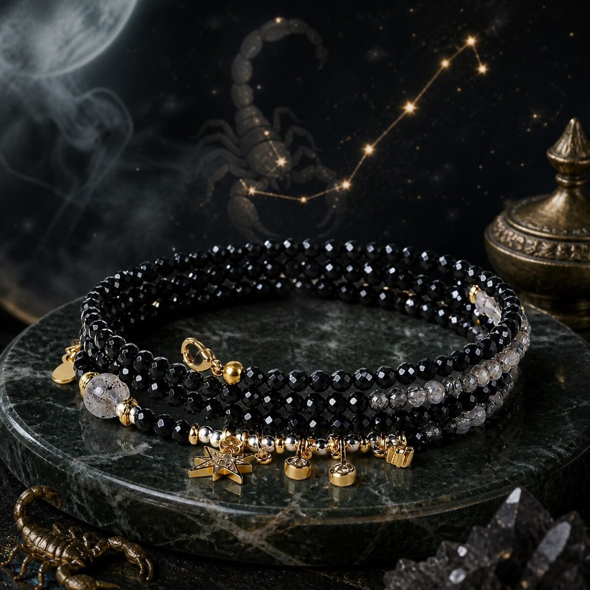 Scorpio Wrap Bracelet with black strawberry quartz, black rutilated quartz, and black obsidian