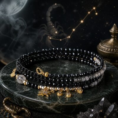 Scorpio Wrap Bracelet with black strawberry quartz, black rutilated quartz, and black obsidian