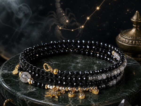 Scorpio Wrap Bracelet with black strawberry quartz, black rutilated quartz, and black obsidian