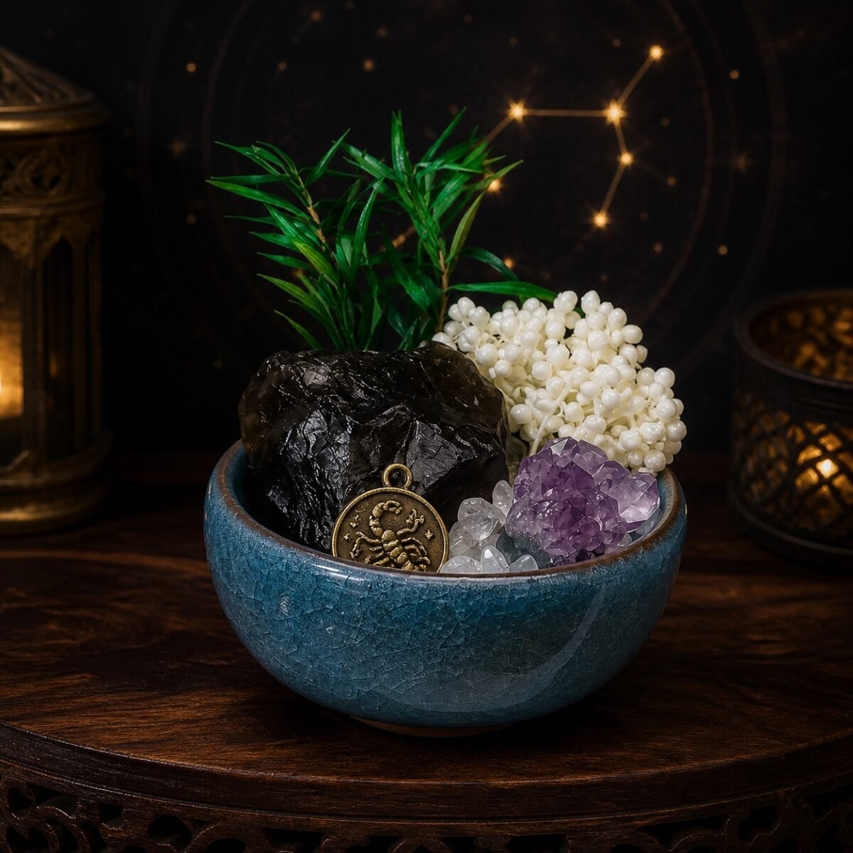 Scorpio Crystal Micro-Landscape Desk Decor with amethyst cluster, clear quartz chips, botanical accents, and zodiac medallion
