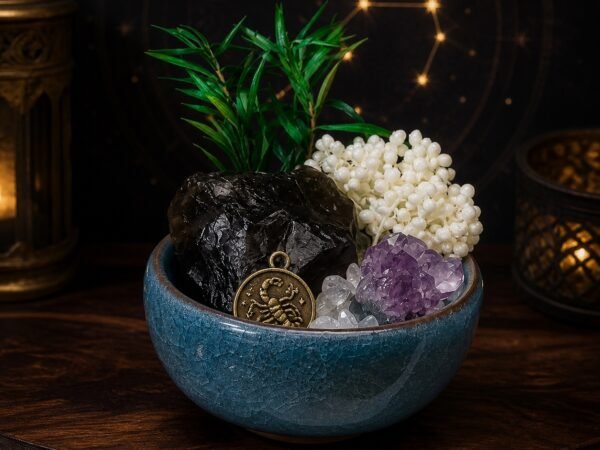Scorpio Crystal Micro-Landscape Desk Decor with amethyst cluster, clear quartz chips, botanical accents, and zodiac medallion