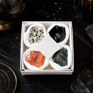 Scorpio Four Raw Crystal Gift Set in a box with four natural raw stones