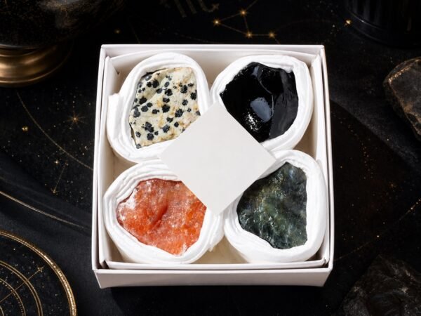 Scorpio Four Raw Crystal Gift Set in a box with four natural raw stones