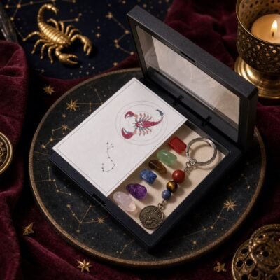 Scorpio Seven Chakra Crystal Keychain with seven raw stones, three accent beads, and brass-tone medallion