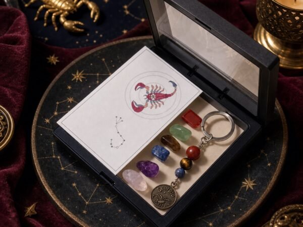 Scorpio Seven Chakra Crystal Keychain with seven raw stones, three accent beads, and brass-tone medallion