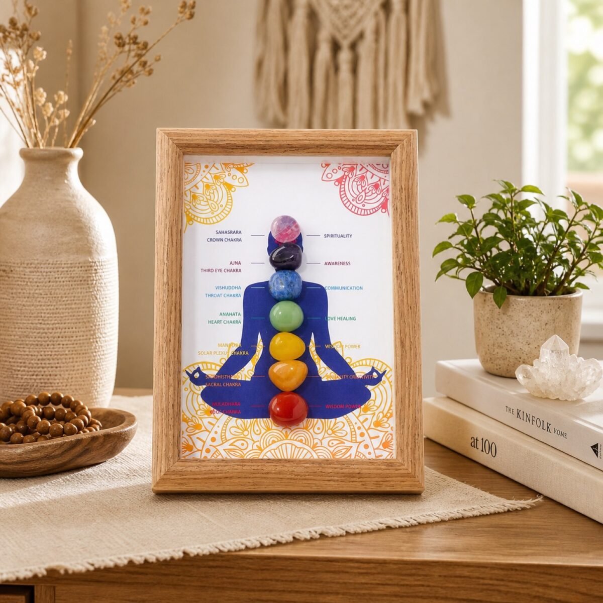 seven-chakra-crystal-alignment-frame-01-western-interior Crystal Alignment Frame displaying seven colored chakra stones on a tabletop beside a vase and plant.