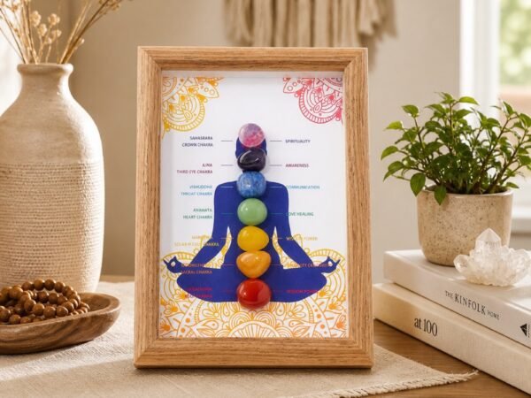 Crystal Alignment Frame displaying seven colored chakra stones on a tabletop beside a vase and plant.