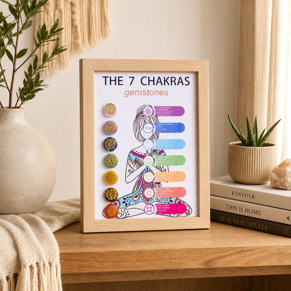 Gemstone Energy Chart Frame displaying a seven-chakra gemstone chart in a tabletop frame beside a vase and plant.