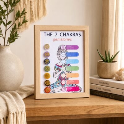 Gemstone Energy Chart Frame displaying a seven-chakra gemstone chart in a tabletop frame beside a vase and plant.