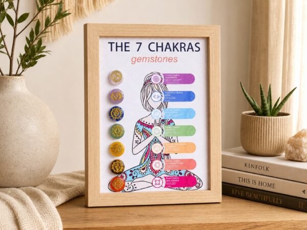 Gemstone Energy Chart Frame displaying a seven-chakra gemstone chart in a tabletop frame beside a vase and plant.