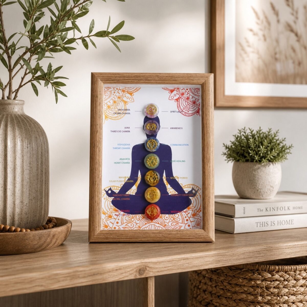 Meditation Shadow Box displaying a vertical arrangement of seven chakra-inspired gemstones in a tabletop frame.