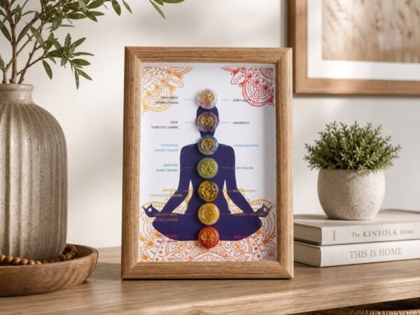 Meditation Shadow Box displaying a vertical arrangement of seven chakra-inspired gemstones in a tabletop frame.